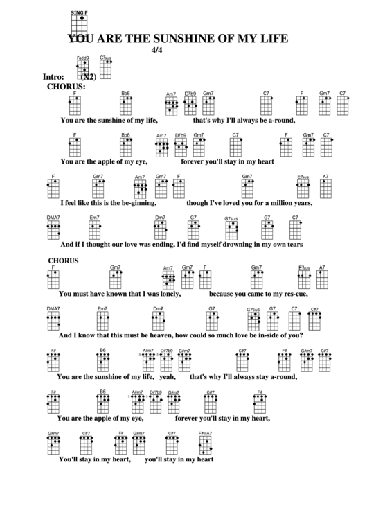 You Are The Sunshine Of My Life Chord Chart Printable pdf