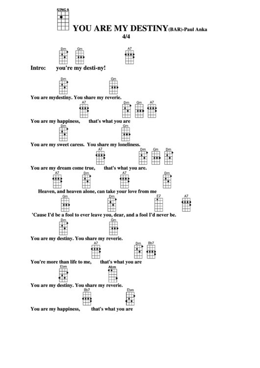Chord Chart - Paul Anka - You Are My Destiny(Bar) Printable pdf