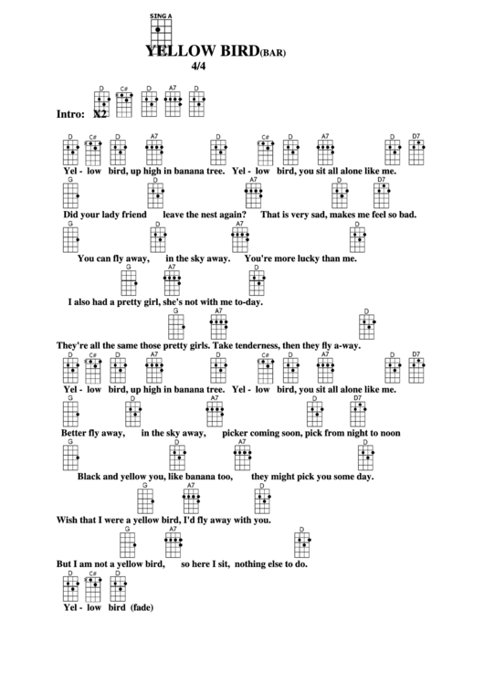 Chord Chart - Yellow Bird(Bar) Printable pdf
