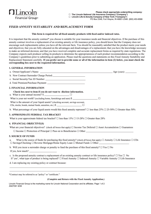 Fillable Form An07091 - Fixed Annuity Suitability And Replacement Form Printable pdf
