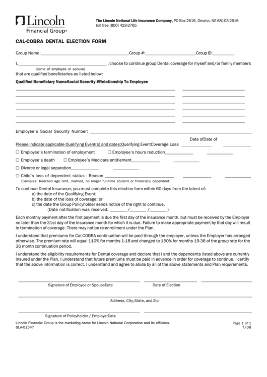 Form Gla-01547 - Cal Cobra Dental Election Form Printable pdf