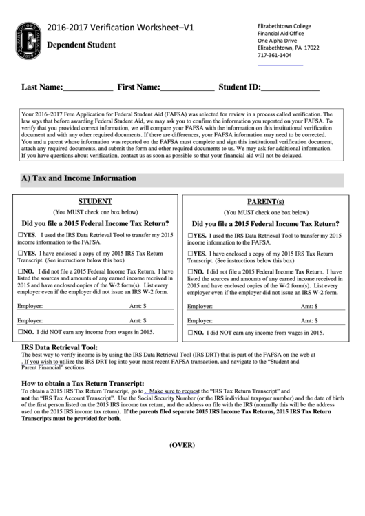 Dependent V1 Worksheet - Elizabethtown College Printable pdf