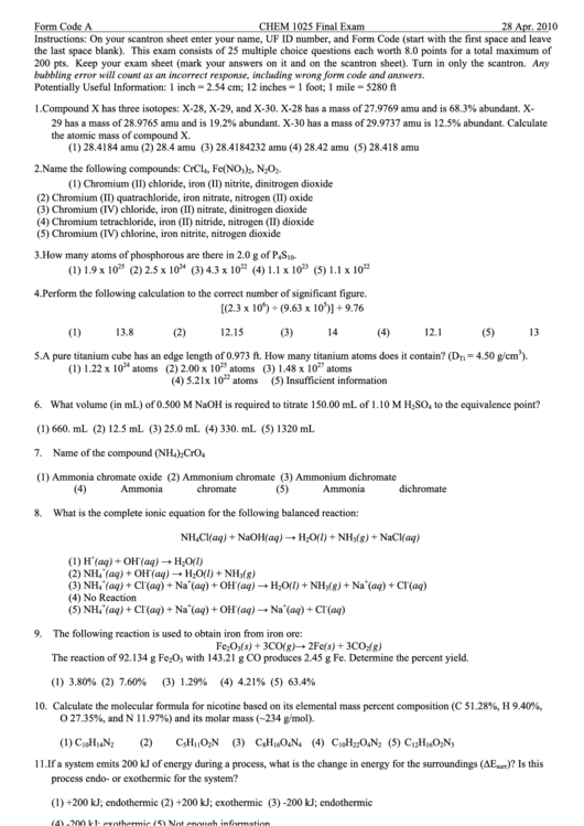 Chem 1025 Final Exam Printable pdf