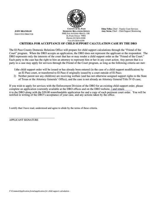 Application For Child Support Calculation Printable Pdf Download