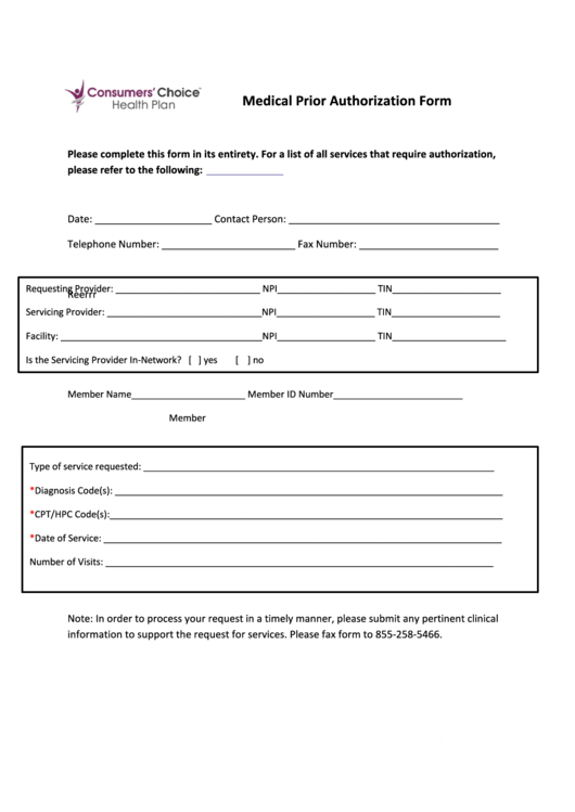 Medical Prior Authorization Form printable pdf download