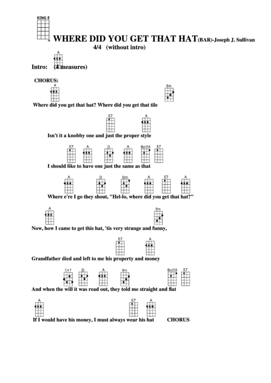 Chord Chart - Joseph J. Sullivan - Where Did You Get That Hat(Bar) Printable pdf