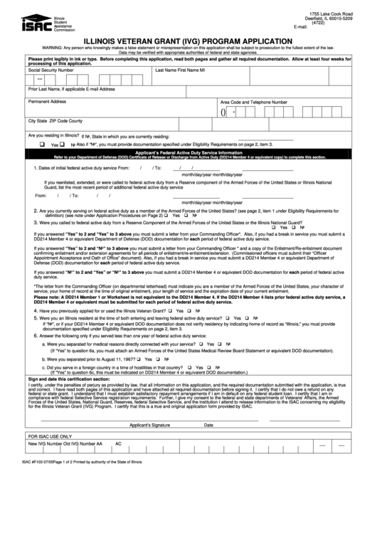 Fillable Illinois Veteran Grant Program Application - Printable pdf