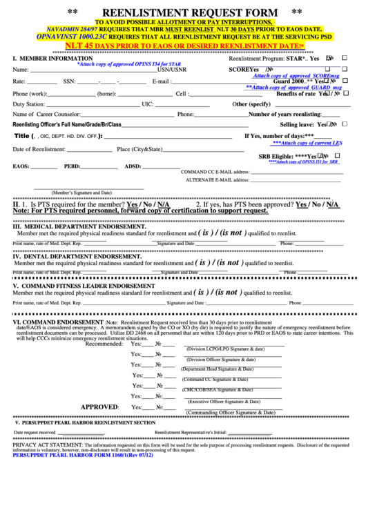 Fillable Reenlistment Request Form Printable pdf