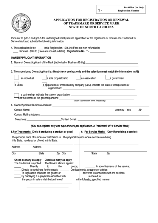 Application For Registration Or Renewal Of Trademark Or Service Printable pdf