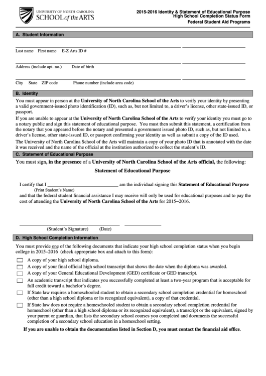 High School Completion Status Form Federal Student Aid Programs Printable pdf