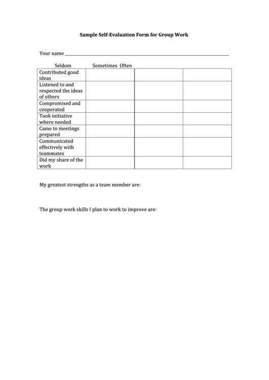 Self Evaluation Form For Group Work Printable pdf