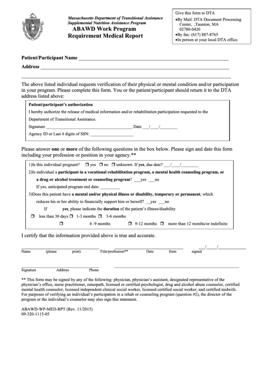 Abawd Work Program Requirement Medical Report Form Printable pdf