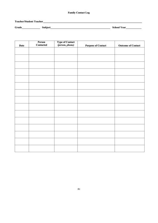 Teacher/student Contact Log Template Printable pdf