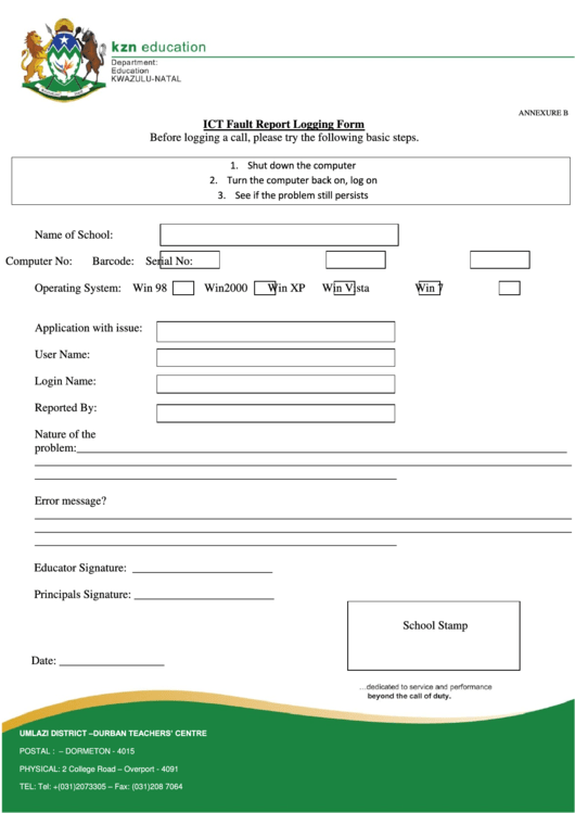 Fault Reporting Form Printable pdf