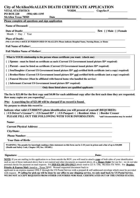 City Of Mcallen Mcallen Death Certificate Application Printable pdf