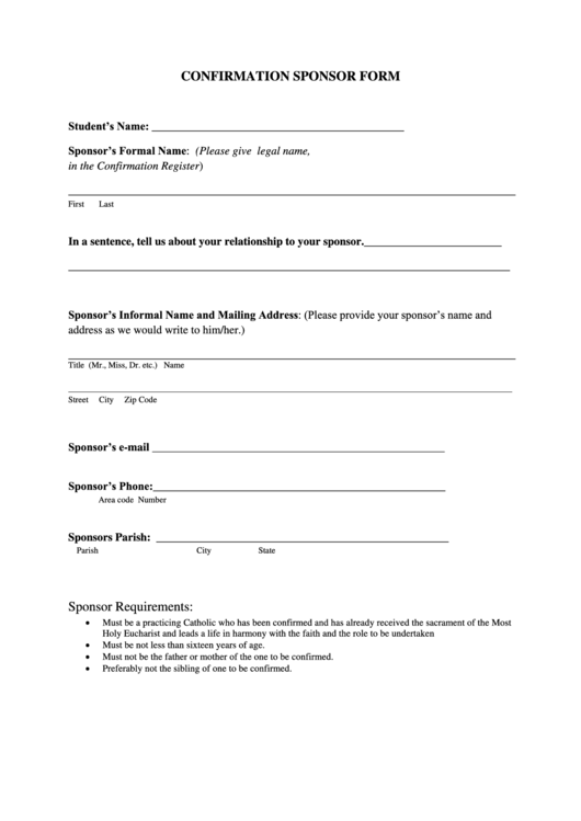 Confirmation Sponsor Form Printable pdf
