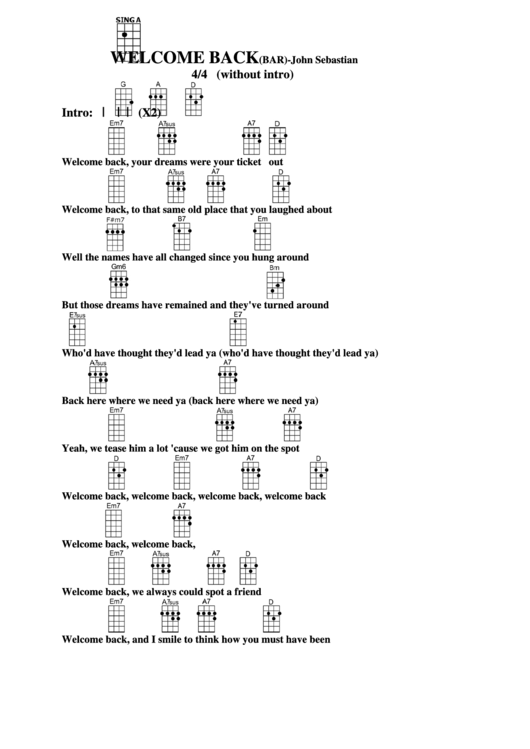 Chord Chart - John Sebastian - Welcome Back(Bar) Printable pdf