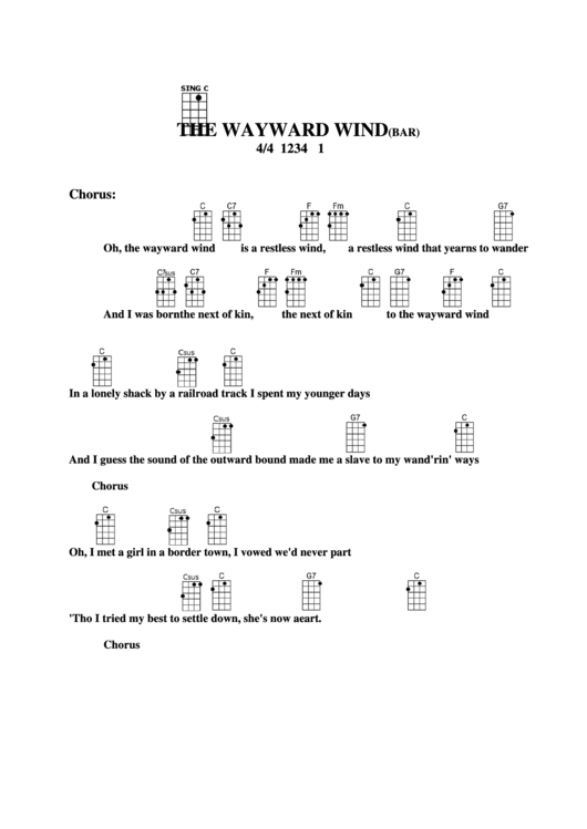 Chord Chart - The Wayward Wind (Bar) Printable pdf