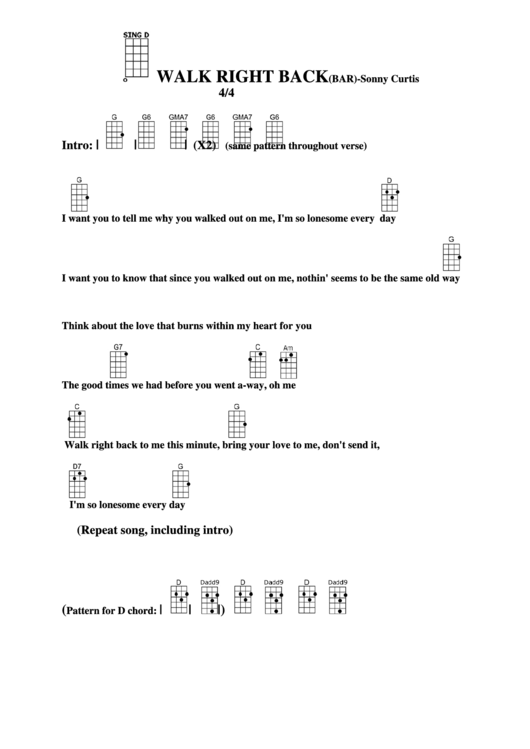 Chord Chart - Sonny Curtis - Walk Right Back (Bar) Printable pdf