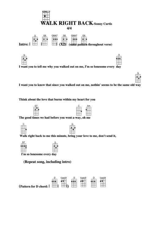 Chord Chart - Sonny Curtis - Walk Right Back Printable pdf