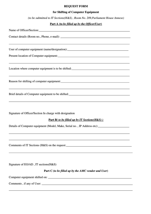 Request Form For Shifting Of Computer Equipment Printable pdf