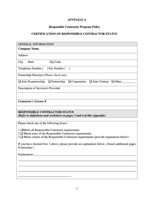 Certification Of Responsible Contractor Status printable pdf download