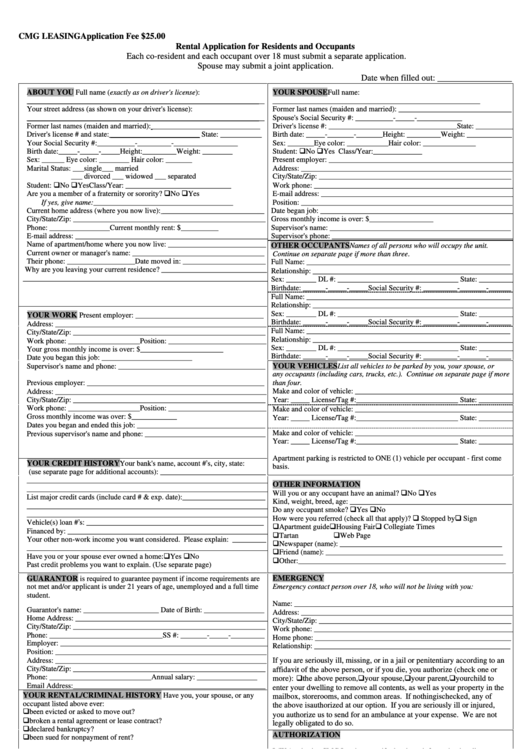 Rental Application For Residents And Occupants Printable pdf