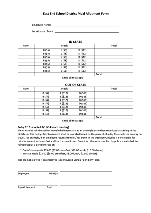 East End School District Meal Allotment Form In State Out Of State Printable pdf