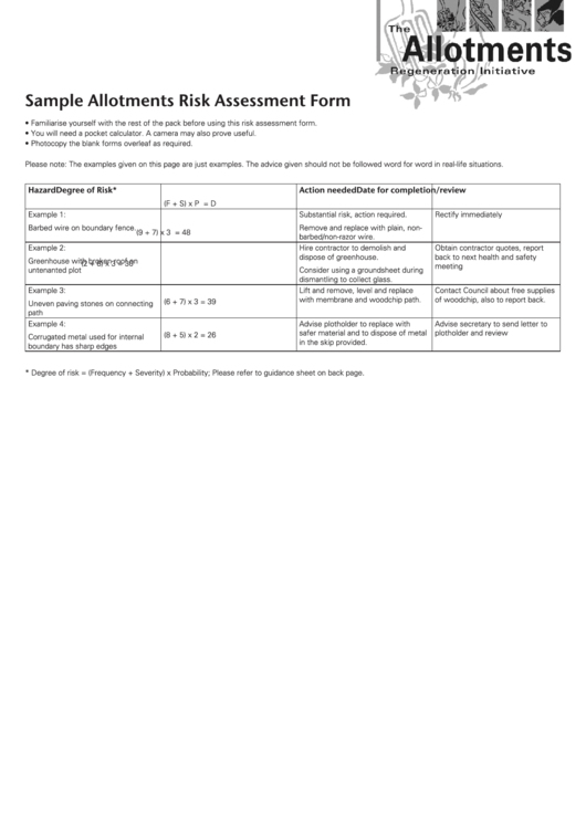 Sample Allotments Risk Assessment Form printable pdf download