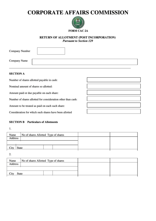 Return Of Allotment (Post Incorporation) Printable pdf