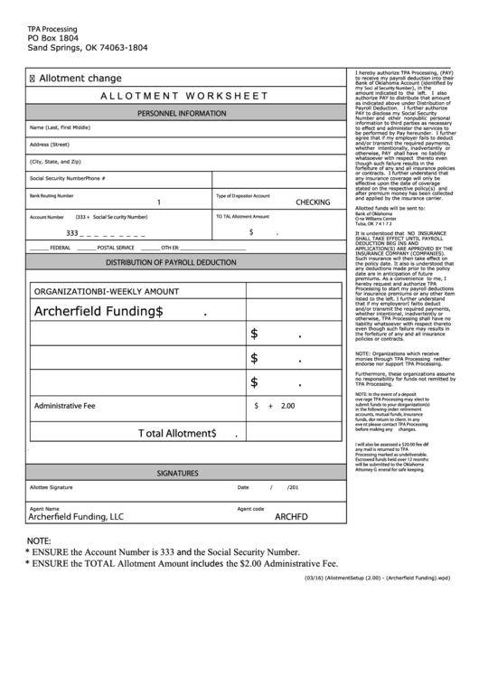 Allotment Worksheet Printable pdf