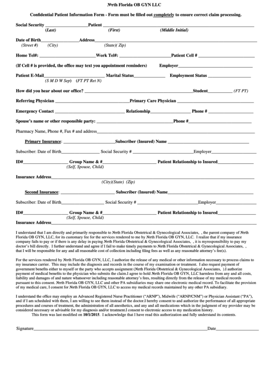 Confidential Patient Information Form - North Florida Ob Gyn Llc Printable pdf