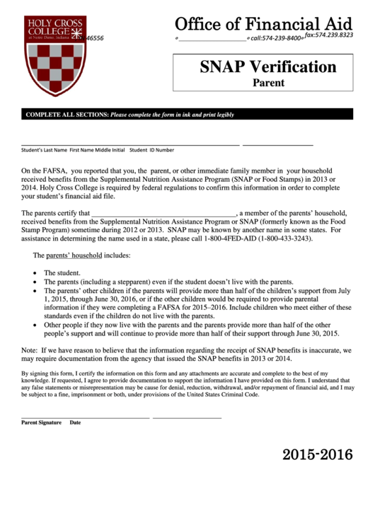 Parent Snap Verification Form - 2015-1016 Printable pdf