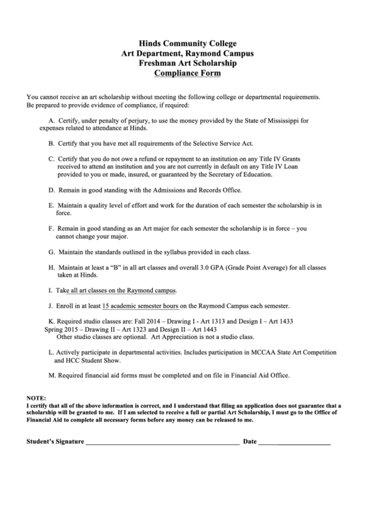 Compliance Form - Hinds Community College Printable pdf