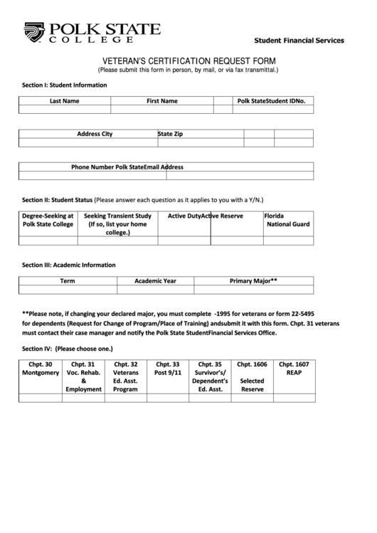 Veterans Certification Request Form - Polk State College Printable pdf