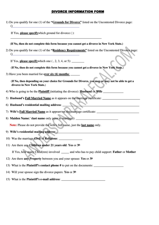 Sample Divorce Information Form Printable pdf