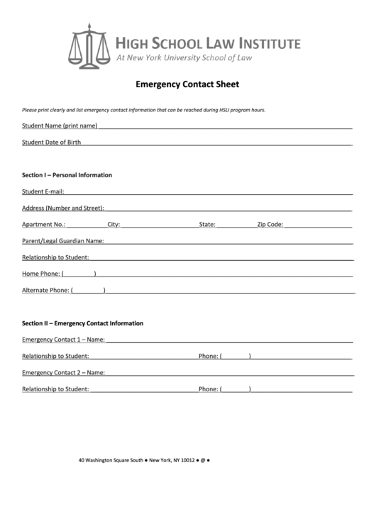 Emergency Contact Sheet Printable pdf