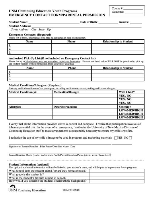 Emergency Contact Form - Unm Continuing Education Printable pdf