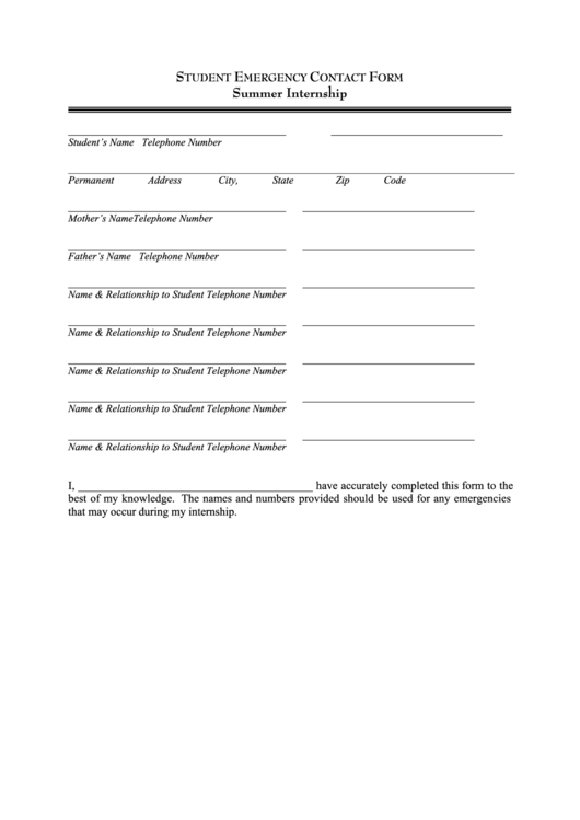 Student Emergency Contact Form Printable pdf