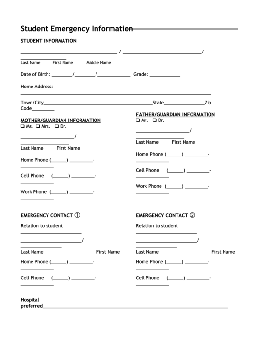 Student Emergency Information Printable pdf
