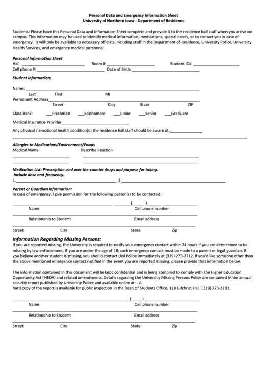 Emergency Contact Information Form - University Of Northern Iowa Printable pdf