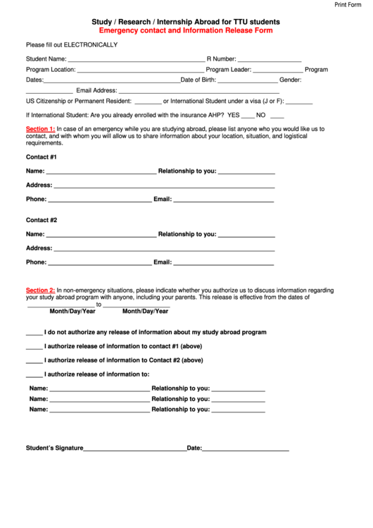 Fillable Emergency Contact Information Release Form Printable pdf