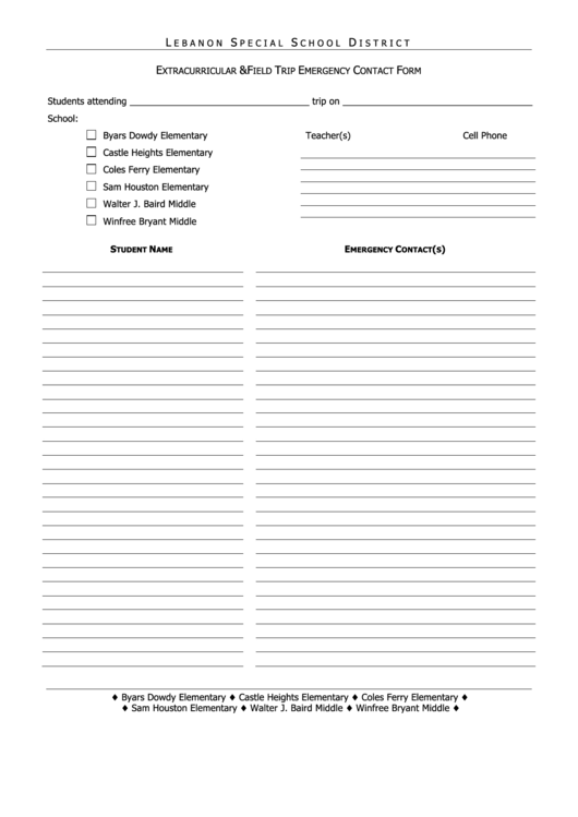 Field Trip Emergency Contact Form Printable pdf