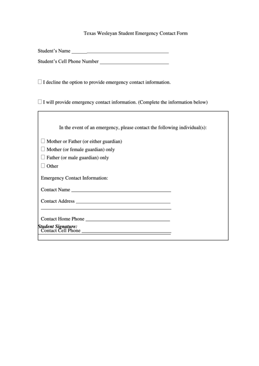 Student Emergency Contact Form - Texas Wesleyan University Printable pdf