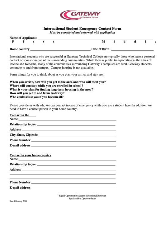 international student questionnaire emergency contact form printable