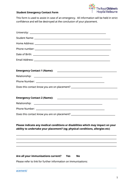 Student Emergency Contact Form Printable pdf
