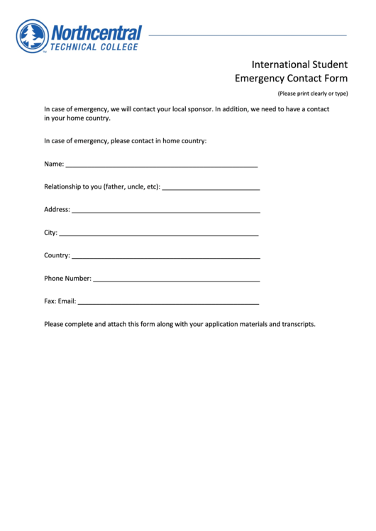 International Student Emergency Contact Form Printable pdf