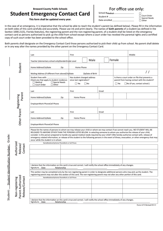 Fillable Form 4172 - Student Emergency Contact Card - 2015 Printable pdf