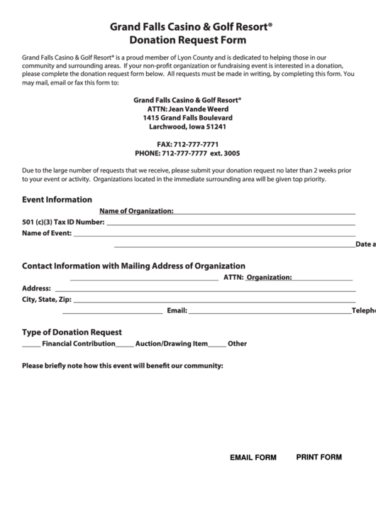 Fillable Grand Falls Casino - Golf Resort Donation Request Form Printable pdf