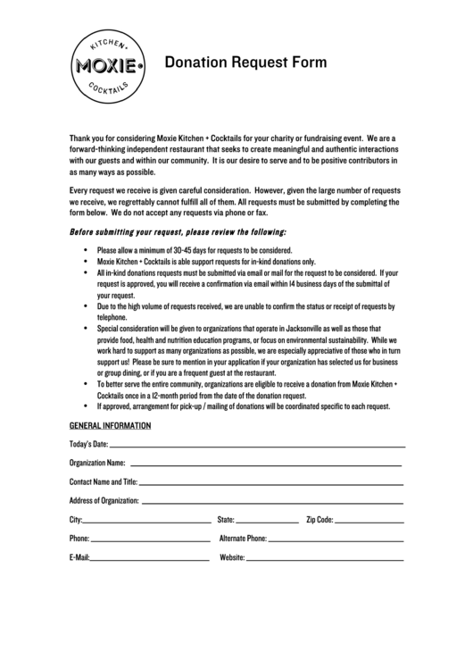 Donation Request Form - Moxie Kitchen Printable pdf